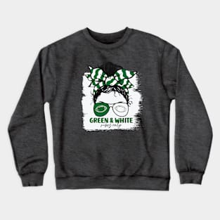 Green and White Vibes Only Football Mom Messy Hair Gameday Crewneck Sweatshirt